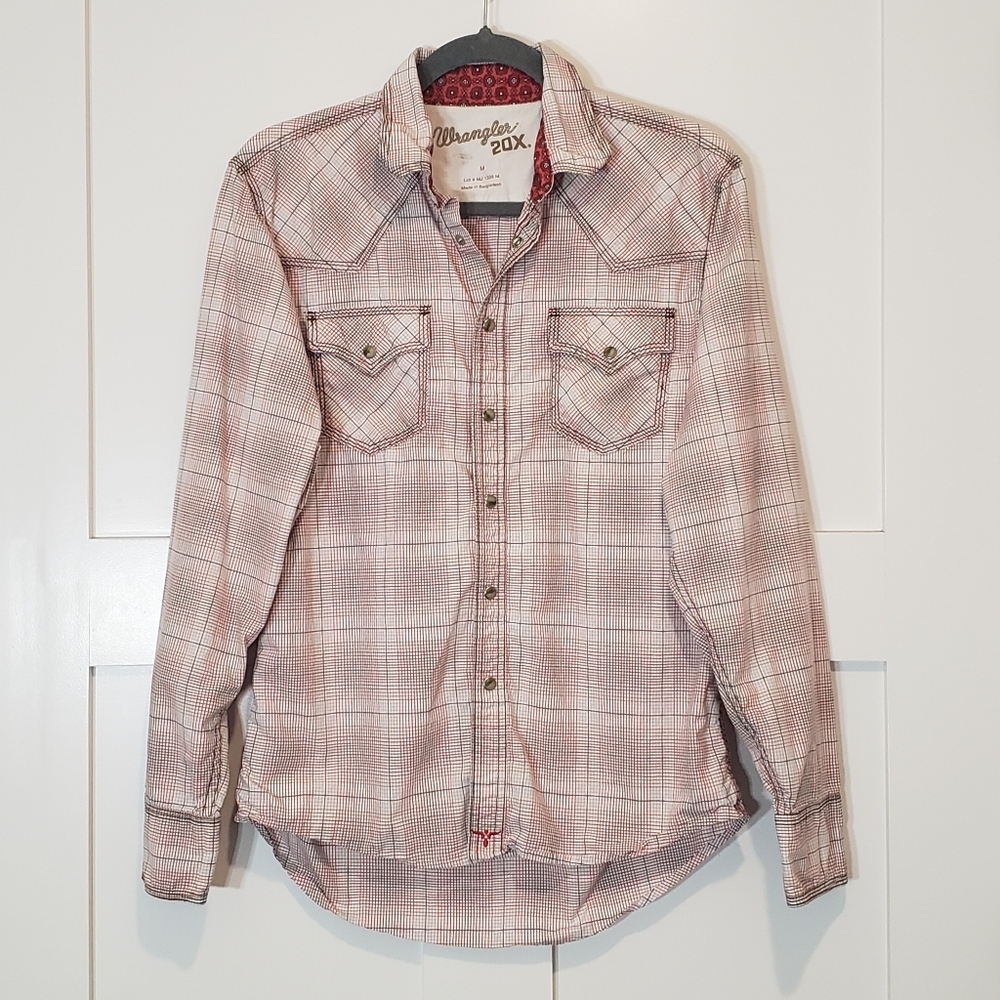 Wrangler 20X Mens Pearl Snap Down Shirt Size Medium Cotton Plaid Red White Gray